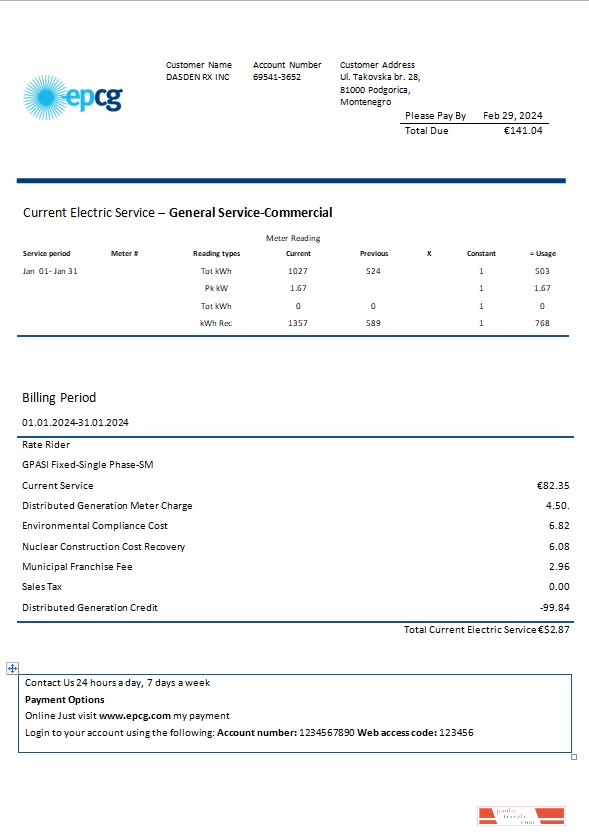Montenegro Elektroprivreda Crne Gore (EPCG) electricity business utility bill template in Word and PDF formats